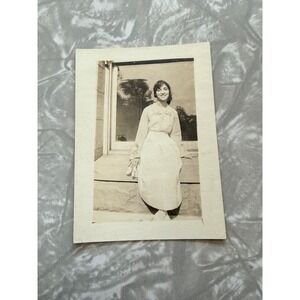Vintage Antique Photo Young Woman Smiling Gymnasium Window Snapshot 1920s B&W